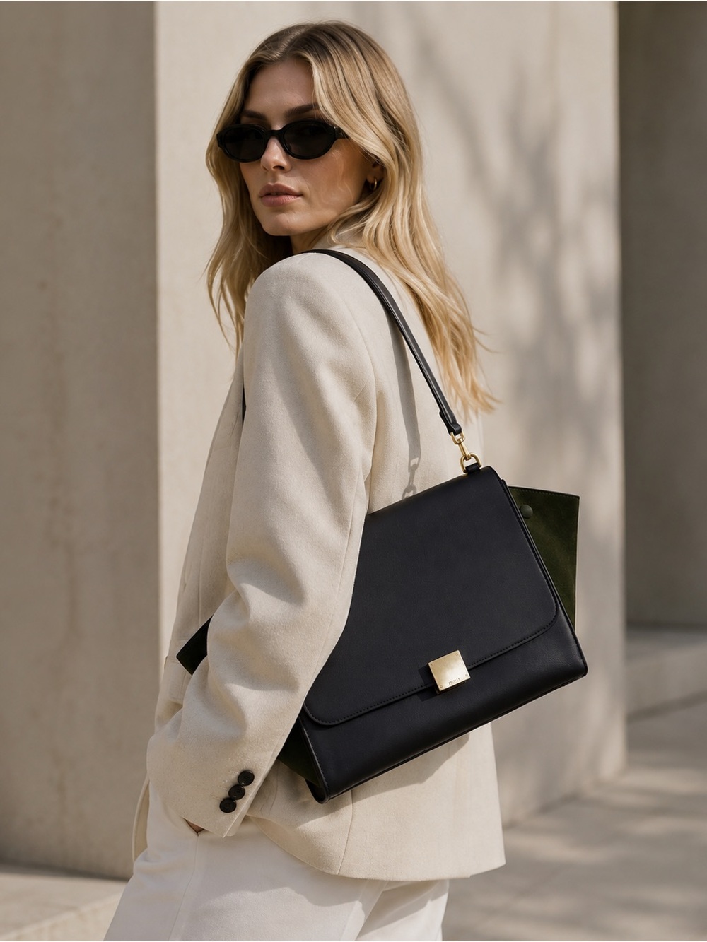 CELINE Black Leather & Green Suede Structured Top-Handle Satchel with Strap